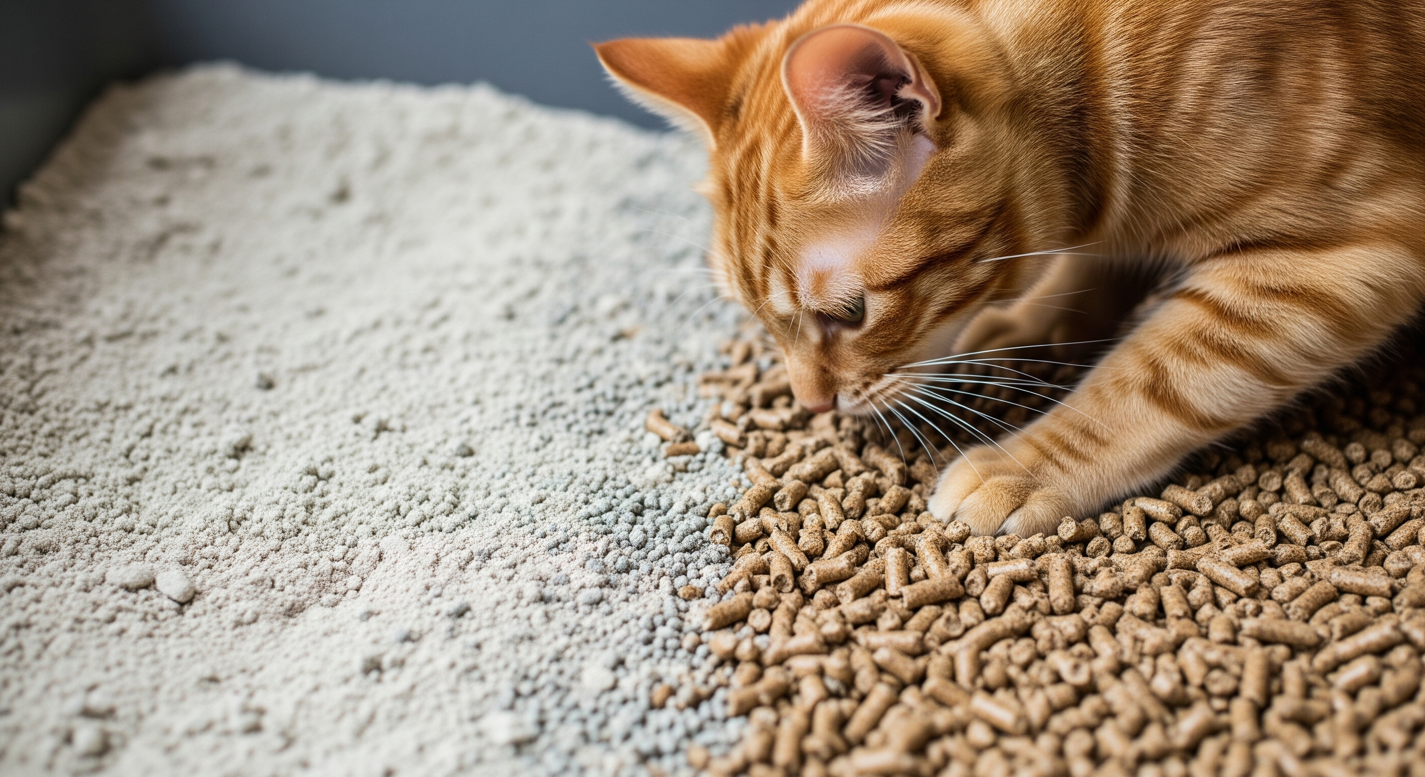 Pellets de madera para gato en un arenero como alternativa natural sin químicos frente a la arena convencional aglutinante.