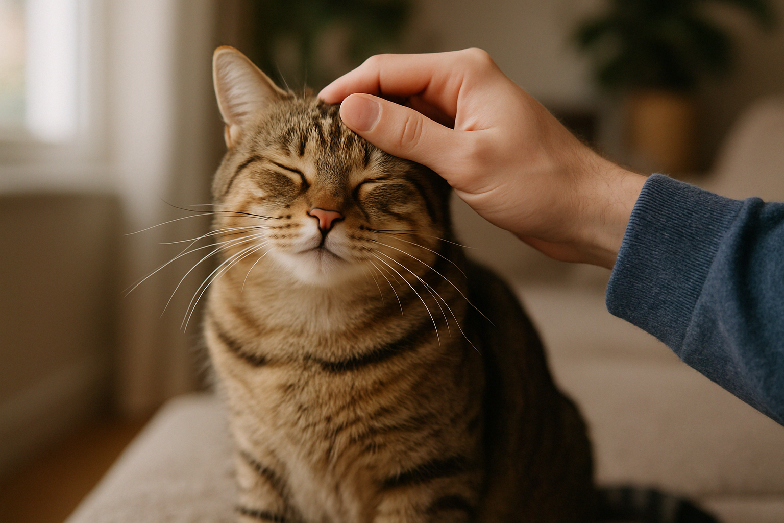 Gato naranja siendo acariciado por su dueño.