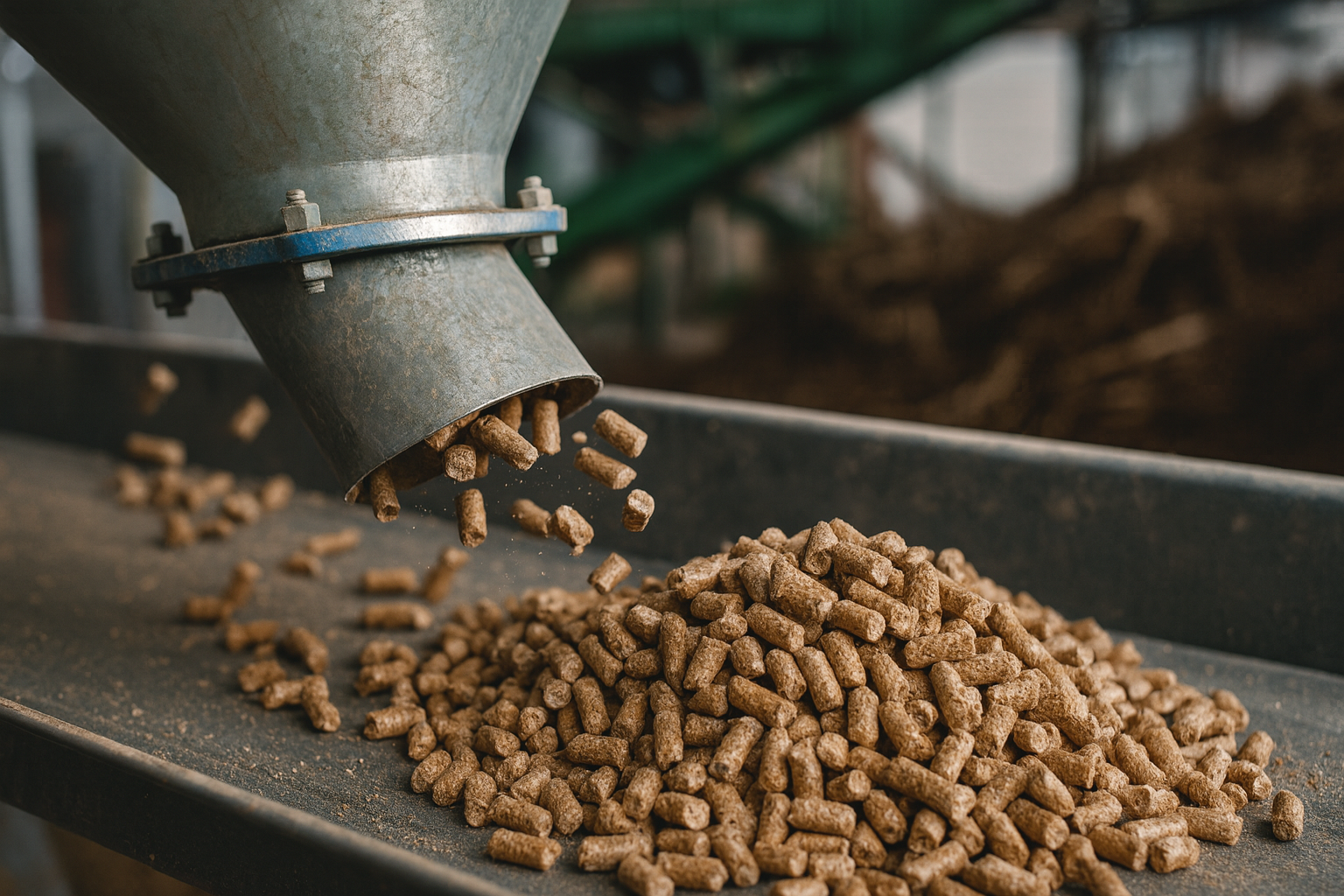 Planta procesando biomasa residual y natural para producción de pellets energéticos.