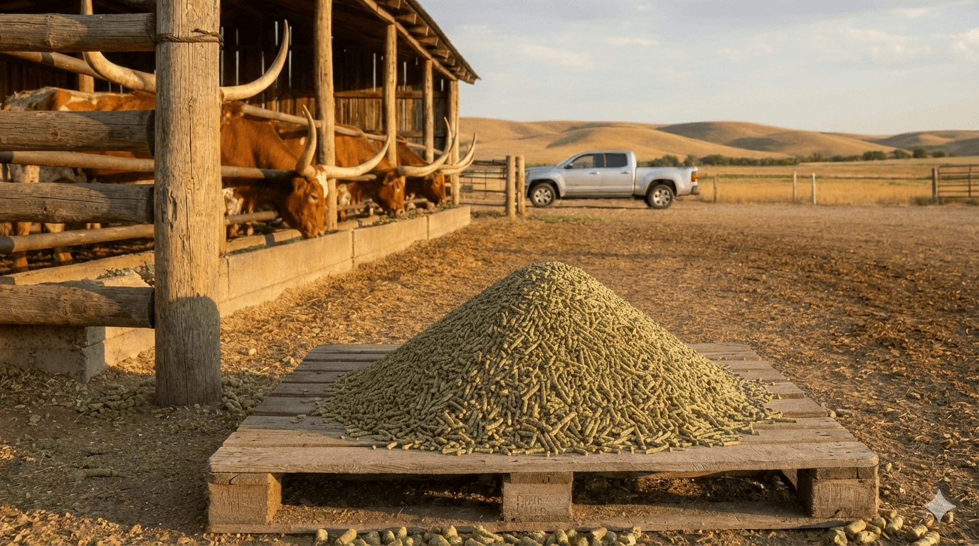 Alfalfa comprimida en formato de pellet para ganado.