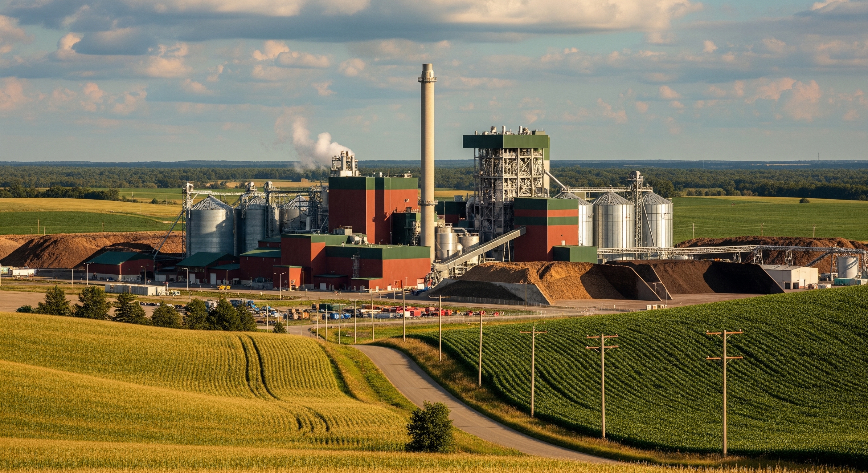 Industria aprovechando energía de biomasa con pellets.