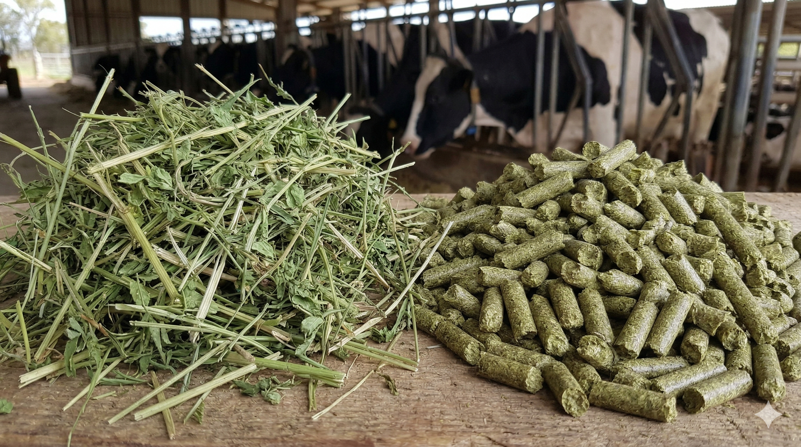Pellets de alfalfa en comparación con alfalfa seca en alimentación para ganado.