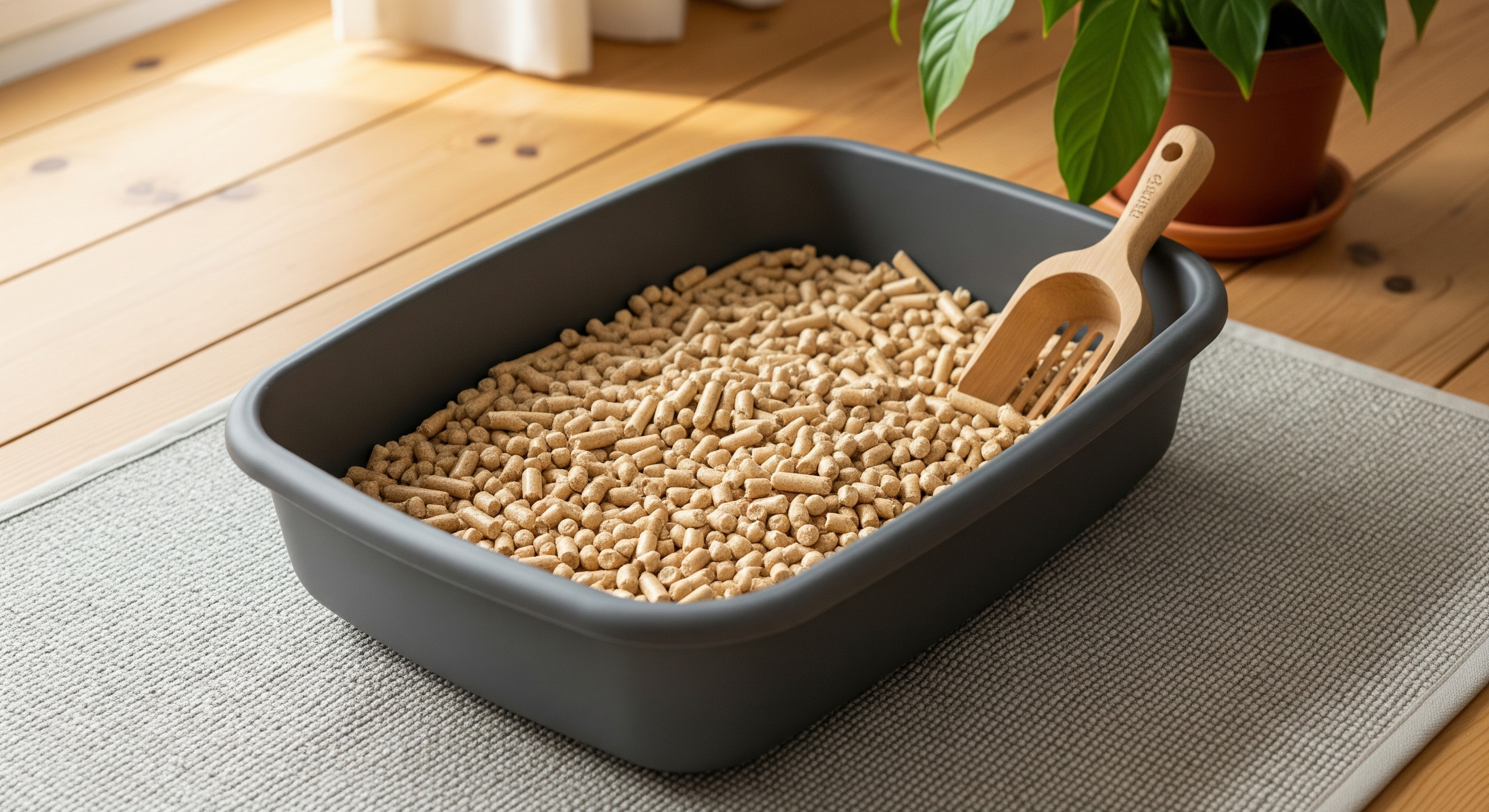 Arenero con pellets para gato de madera, que impactan favorablemente en la sostenibilidad y el cuidado del medio ambiente