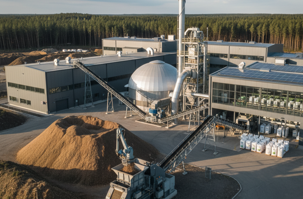 Planta de biomasa moderna procesando residuos forestales para fabricar pellets sostenibles.