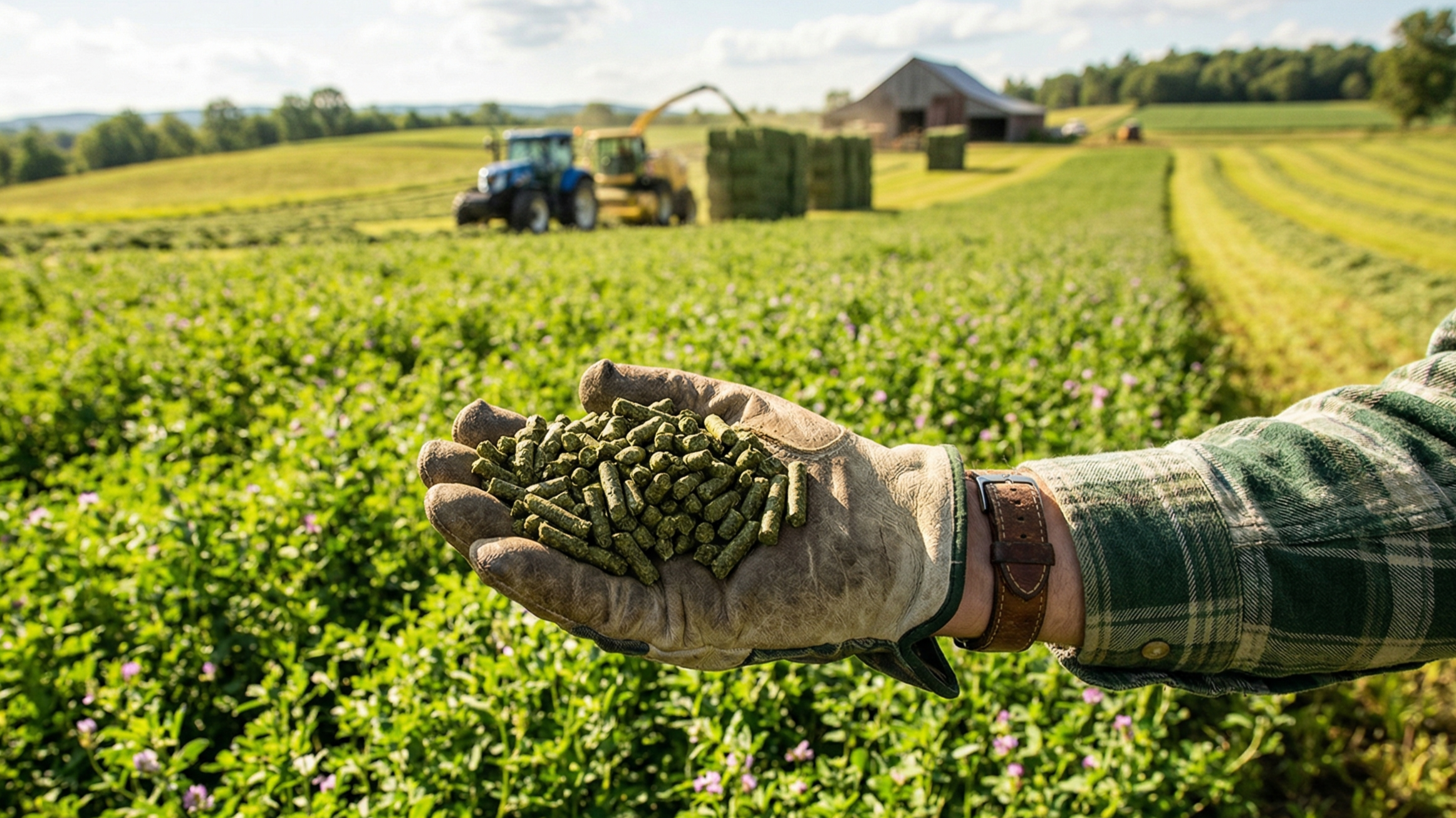 Pellets de alfalfa en campo verde.