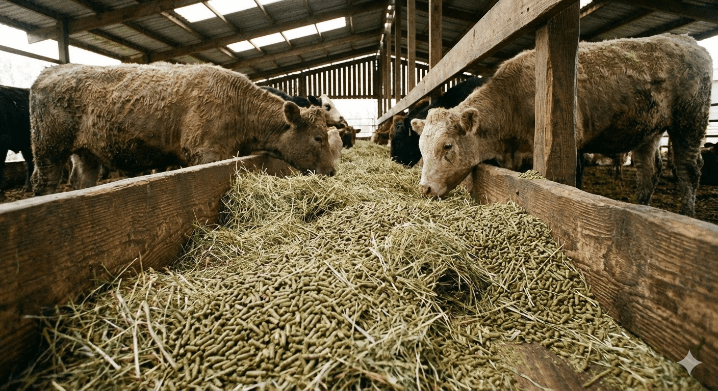 Alimento balanceado para ganado con alfalfa seca y pellets de alfalfa.
