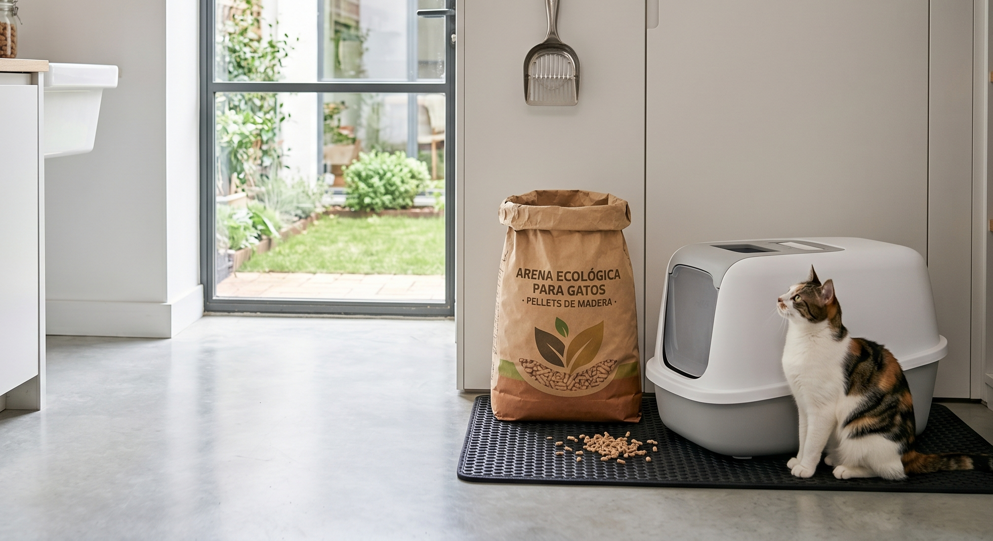 Gato junto arena ecologica para gatos a base de pellets de madera.