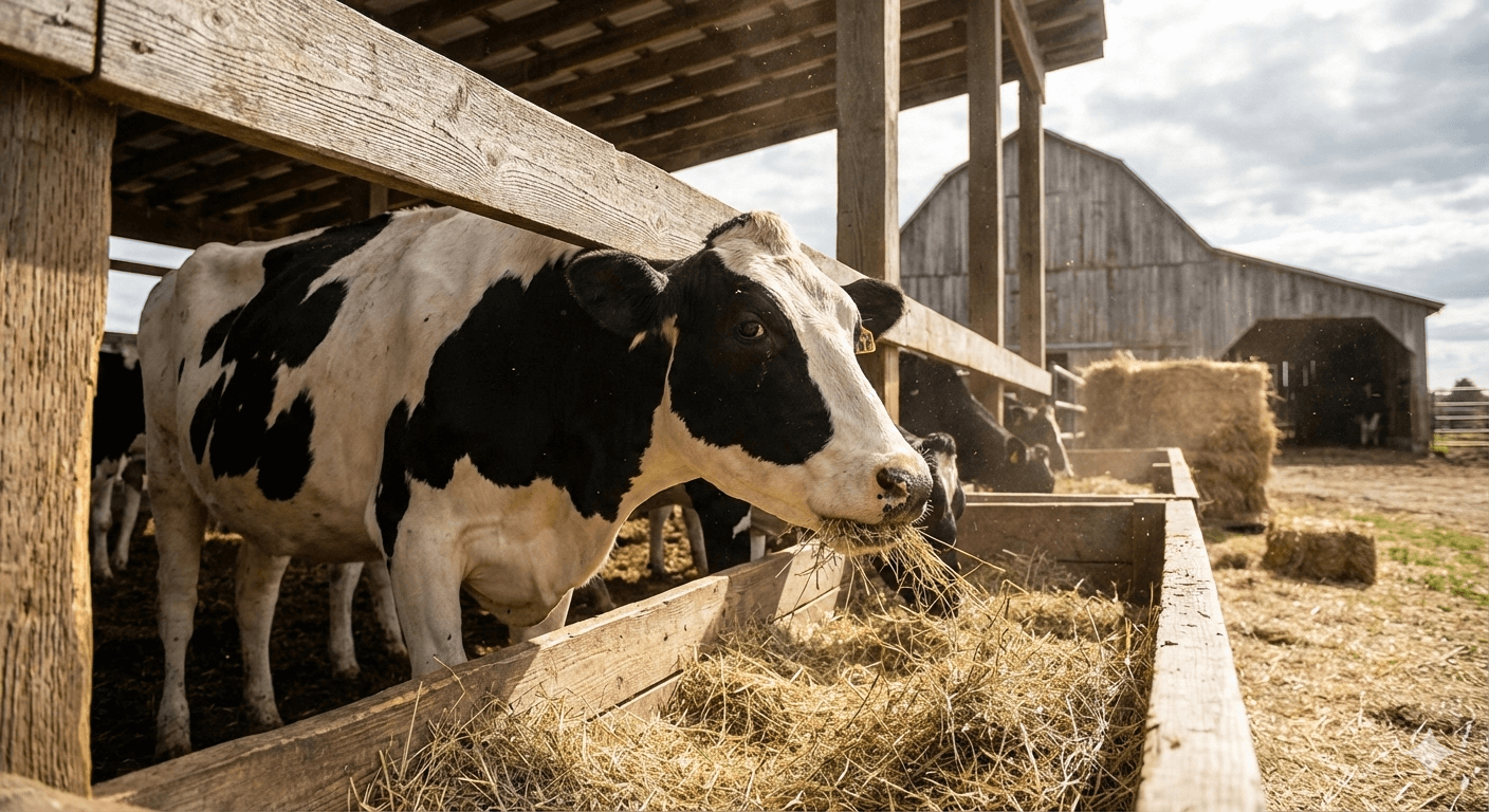 Alfalfa seca siendo utilizada como alimento de vacas