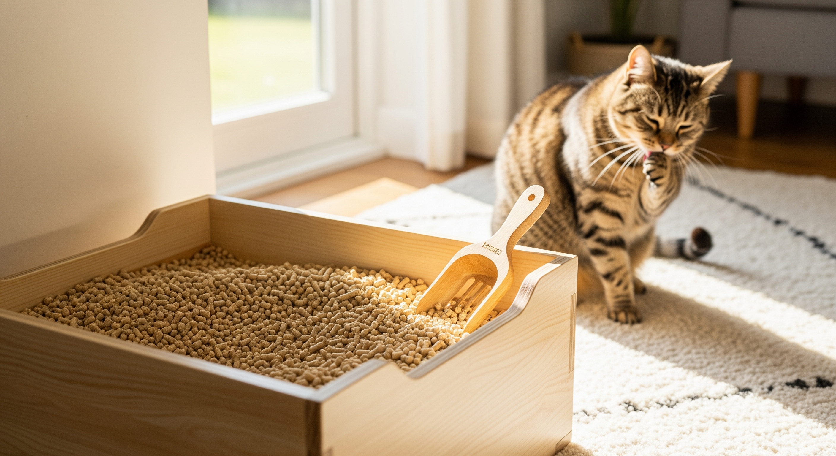 Un arenero limpio con arena de madera para gatos, con un gato en el fondo, resaltando la naturalidad y la higiene.