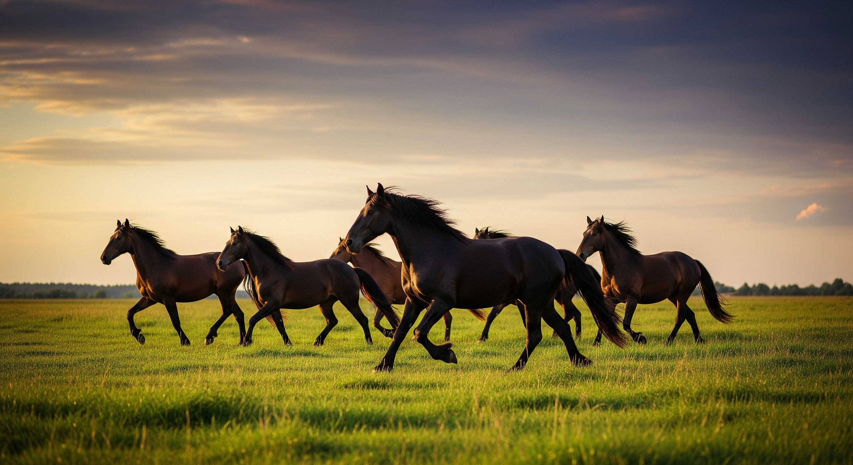 Caballos en pradera a base de una nutrición animal con alfalfa en pellets