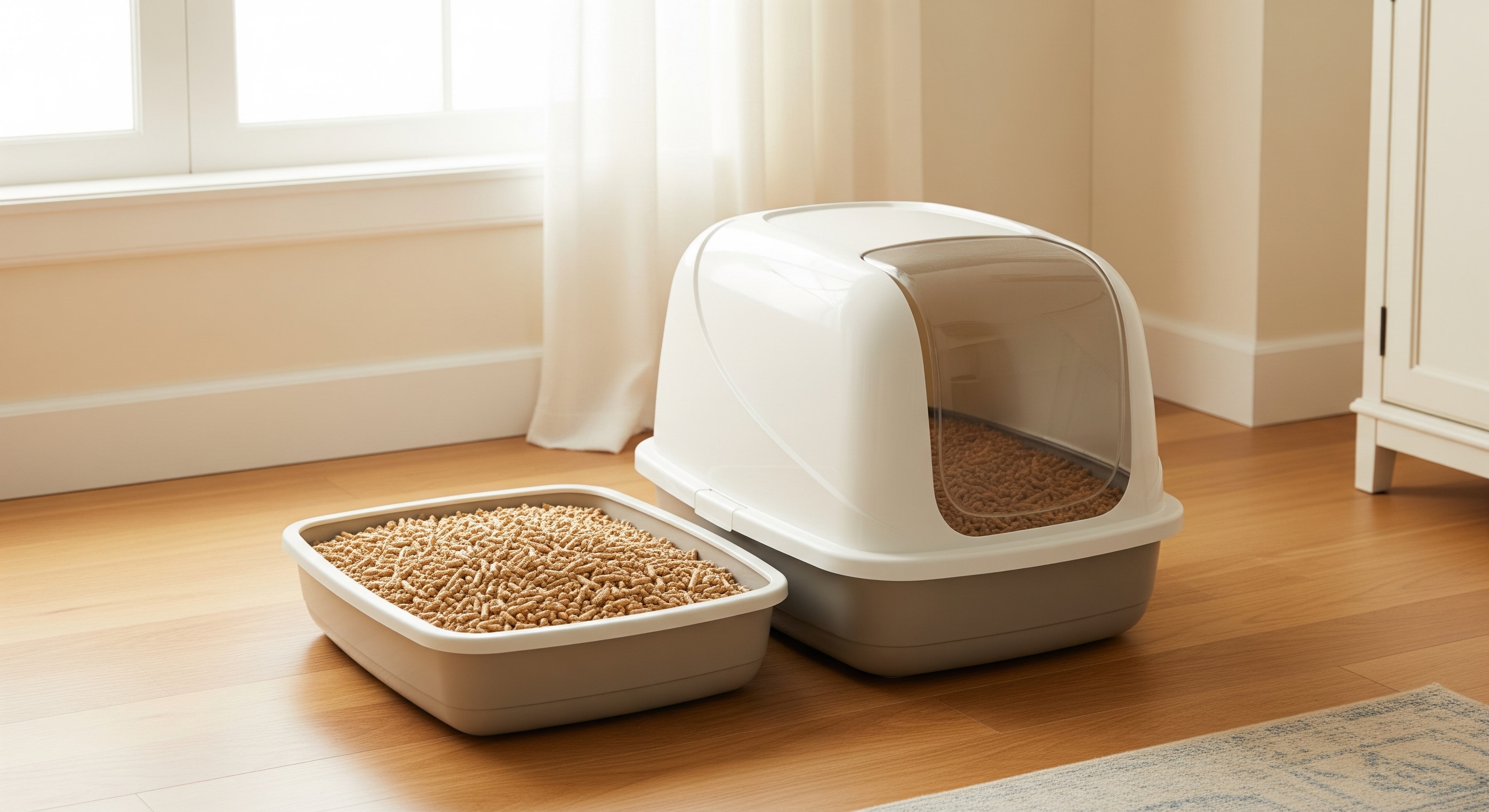 Dos tipos de areneros con pellets como sustituto de arena para gato