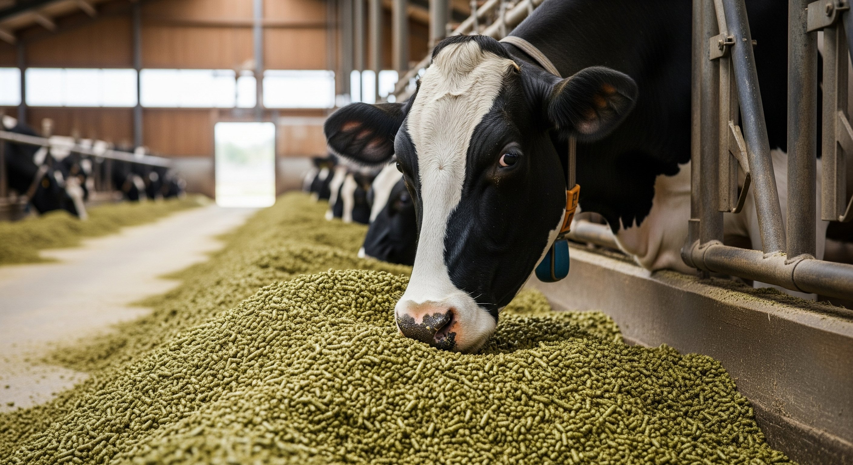Animales de sistemas intensivos de ganadería alimentándose de alfalfa en pellets como solución a los desafíos de producción.