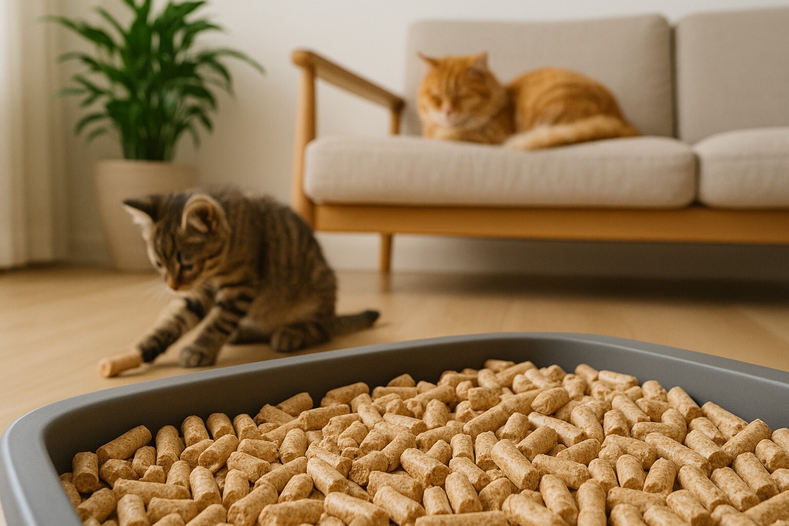 Pellets de madera para gatos en arenero limpio